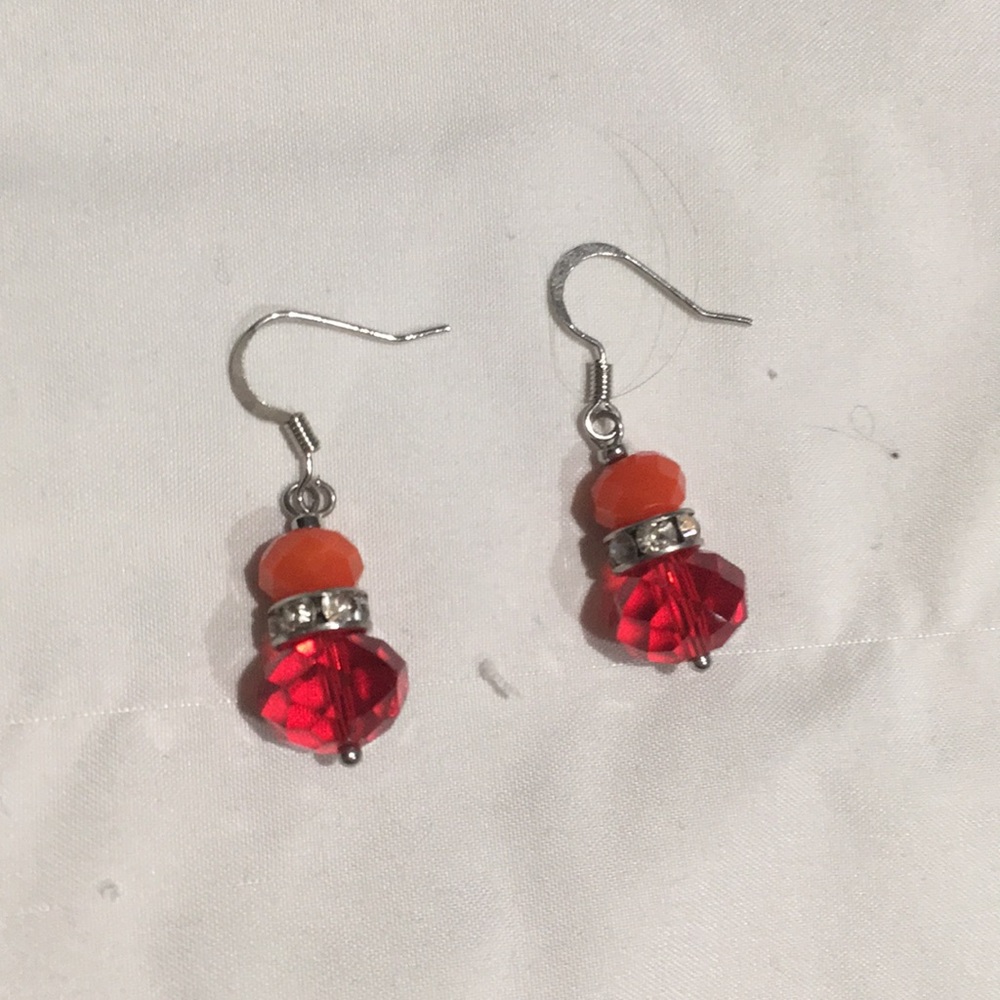 Red and silver dangly bead earrings